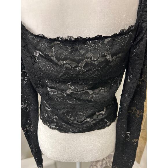 Guess Black Sheer Lace Square Neck Puff Sleeve Crop Top Whimsigoth Coquette M - Picture 6 of 12